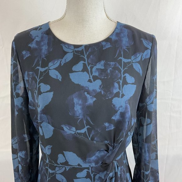 Hutch Dress 6 Blue Black Leaf Print Long Semi-Sheer Sleeve Drape Detail - Picture 3 of 13